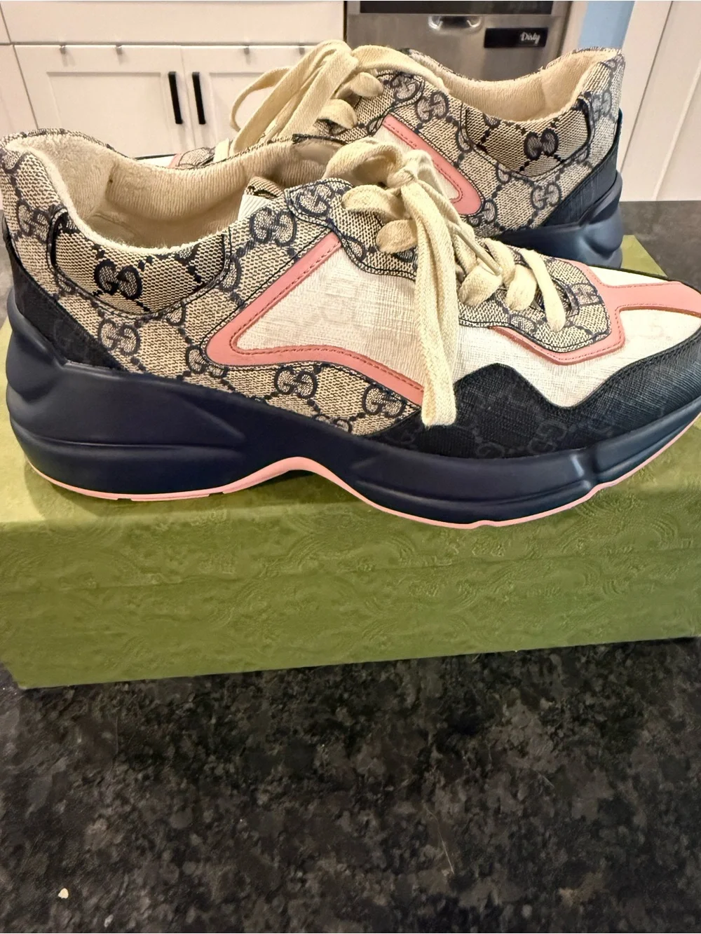 Gucci Beige GG Canvas Sneakers with Pink & Navy Accents